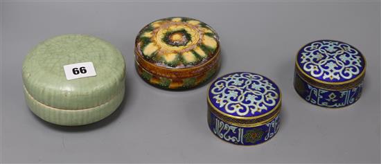 Two Islamic champleve enamel boxes and covers, agate geode halves and quartz cups